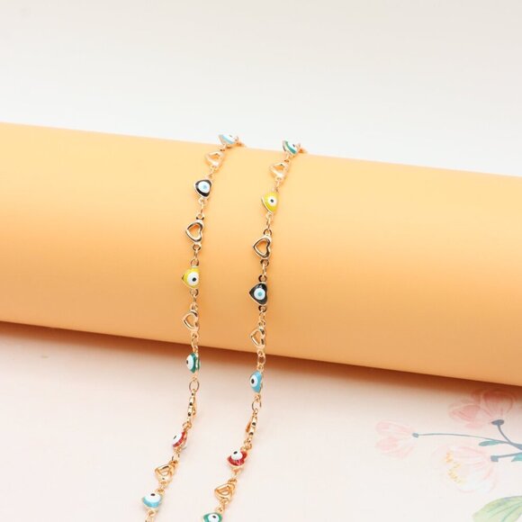 Rose Gold Plated Heart & Multicolor Evil Eye Necklace, XPNL0276 - Picture 11 of 12